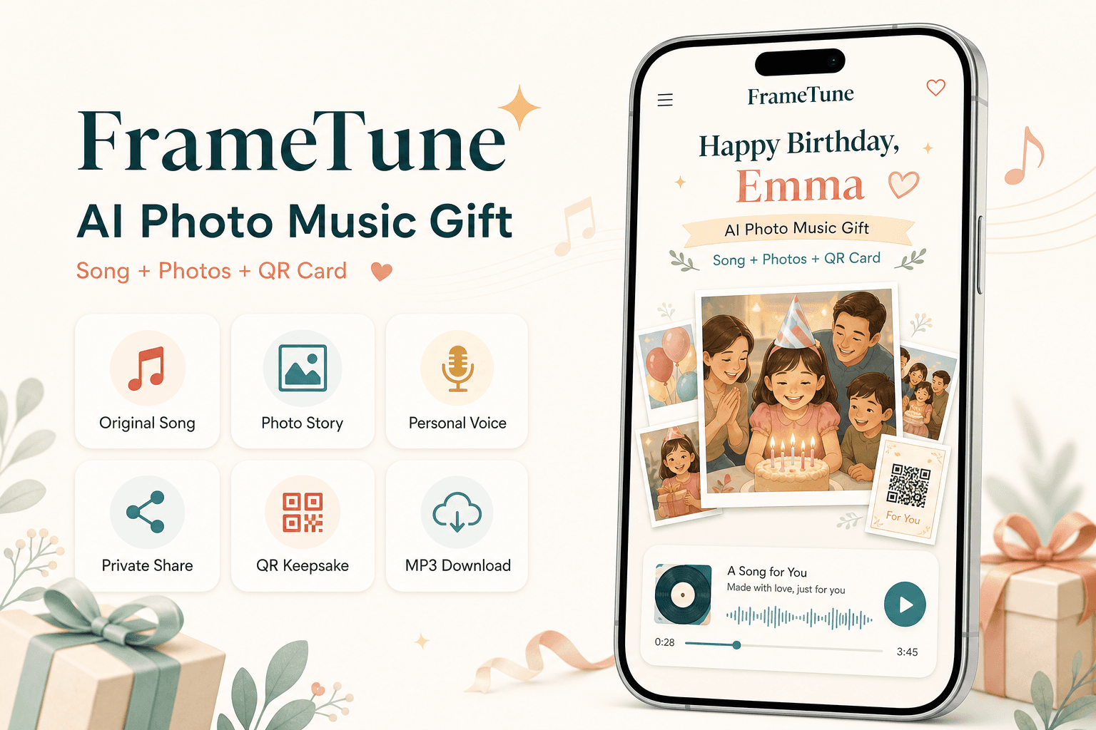 FrameTune product preview showing a personalized song and photo music gift on a phone